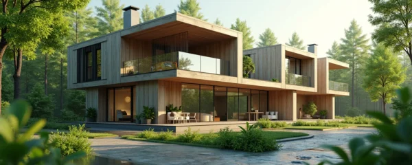 Vue dynamique et symbolique d'un chantier de construction durable avec des éléments naturels et architecturaux modernes