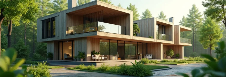 Vue dynamique et symbolique d'un chantier de construction durable avec des éléments naturels et architecturaux modernes