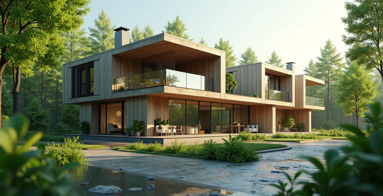 Vue dynamique et symbolique d'un chantier de construction durable avec des éléments naturels et architecturaux modernes