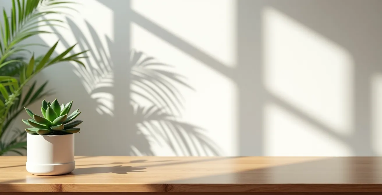 Espace de travail moderne avec plantes et lumière naturelle