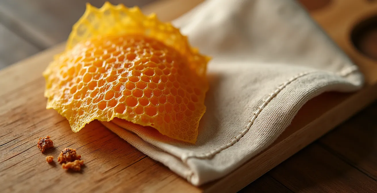 Vue aérienne de bee wrap et charlotte en tissu sur plan de travail en bois