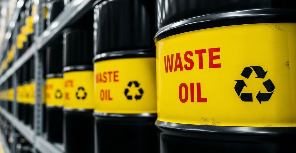 Technicien de collecte manipulant un fût d'huiles usagées près de son véhicule utilitaire