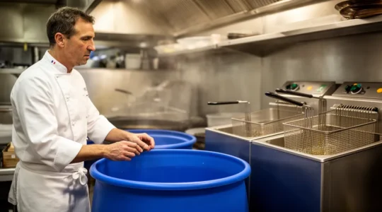 Chef professionnel près d'un fût de collecte d'huiles usagées en cuisine de restaurant