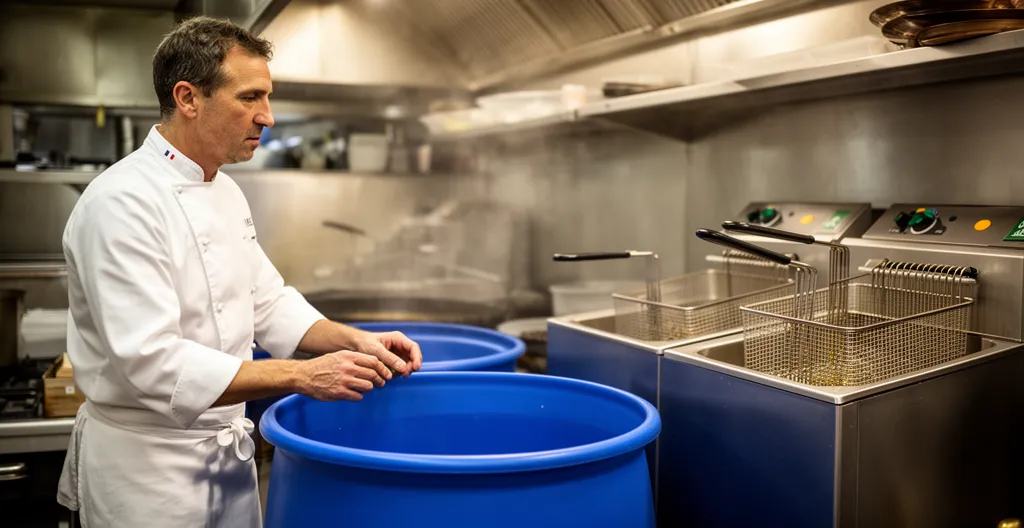 Chef professionnel près d'un fût de collecte d'huiles usagées en cuisine de restaurant