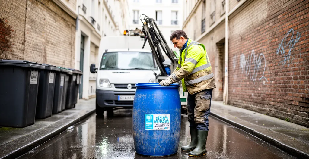 Technicien de collecte manipulant un fût d'huiles usagées près de son véhicule utilitaire