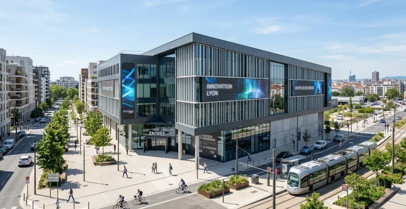 Façade d'un bâtiment industriel contemporain français avec panneaux d'éclairage LED visibles en environnement urbain