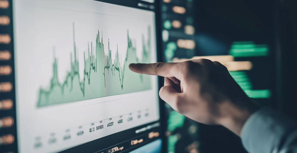 Gros plan d'une main professionnelle pointant des données de graphique de consommation énergétique sur une tablette moderne avec écran flouté