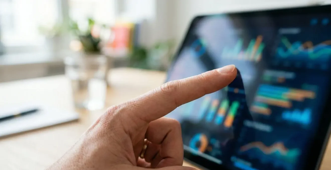 Gros plan d'une main professionnelle pointant des données de graphique de consommation énergétique sur une tablette moderne avec écran flouté