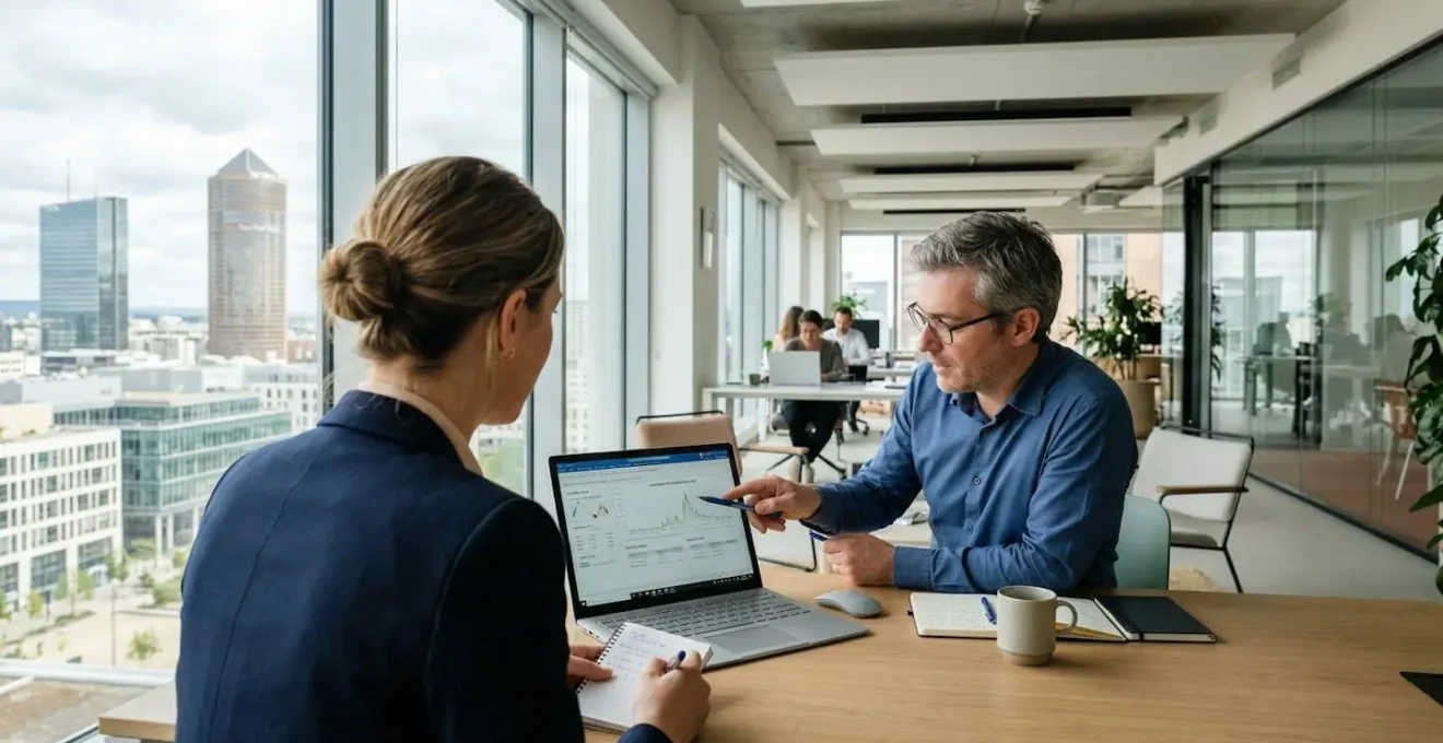 Un responsable énergie et un technicien analysent ensemble des données de consommation dans une salle de contrôle moderne d'entreprise française