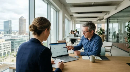 Un responsable énergie et un technicien analysent ensemble des données de consommation dans une salle de contrôle moderne d'entreprise française